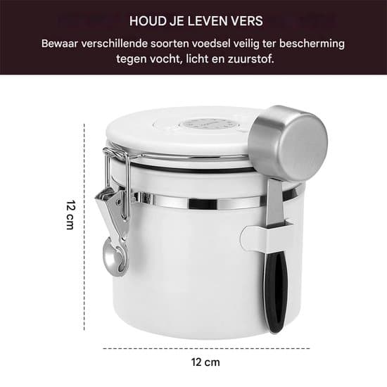 Kaffebönburk med envägsventil, 1,2L, vit, med sked