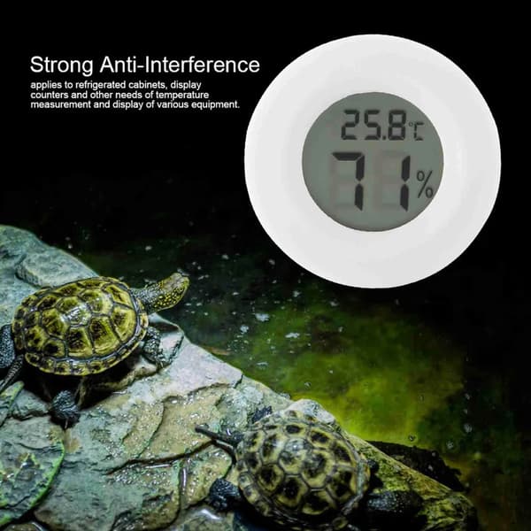 Mini digital LCD-termometer og hygrometer, rundt, specielt designet til krybdyr.