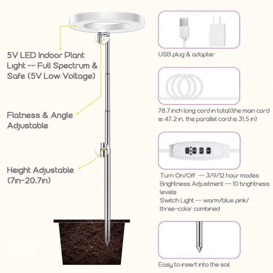LED-plantegrowlight, USB-adapter, udvidelig, indendørs, timerstyring, dæmpbar, hvid, til små planter