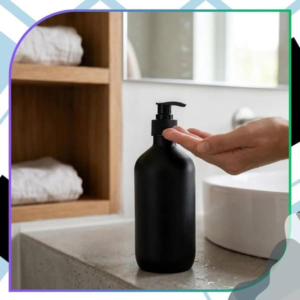 Sæbedispenser, 300 ml, mat sort flaske med pumpedispenser, velegnet til køkken eller badeværelse.
