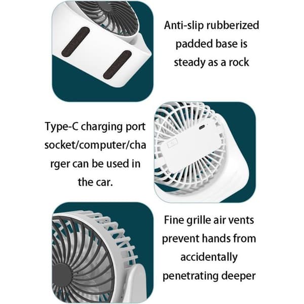 Mini skrivebordsventilator - USB genopladelig - Tre ventilatorhastigheder - Høj luftstrøm - Hvid