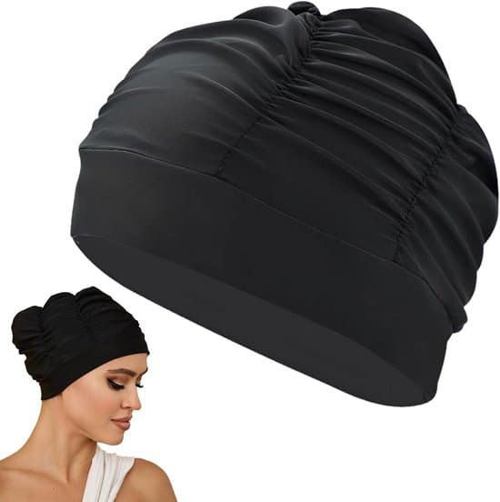Stor sort badehætte, velegnet til kvinder med langt hår - lavet af behageligt nylon.