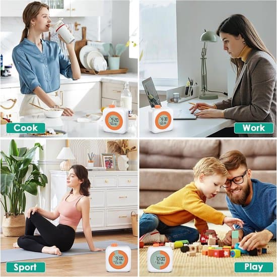 Digital visuel timer, 3-i-1 60-minutters nedtælling med stor LCD-skærm, 12/24 timer, lydløs drift, timer med knap