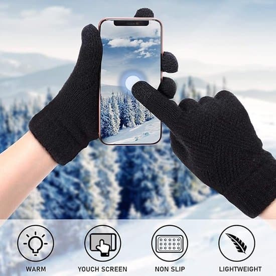 Kvinders vinterstrikkede touchscreen fingerærmer, dobbeltlags elastiske handsker - 22*8cm - Sort