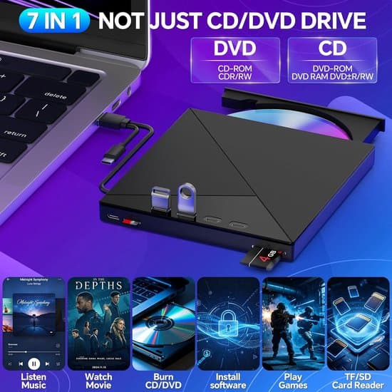 Eksternt CD/DVD-drev til bærbare computere, USB 3.0 & Type-C, CD-læser/DVD-brænder, SD/TF-læser, USB-hub