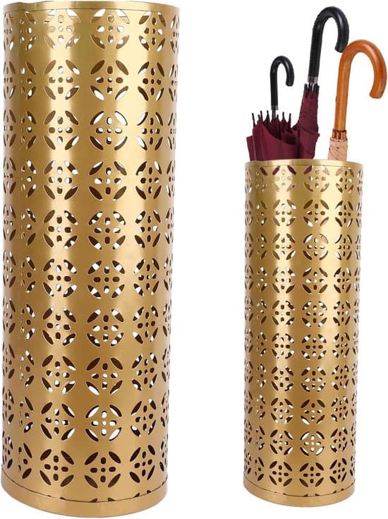Paraplystativ i metal, stilfuldt rustfrit perforeret design, guld