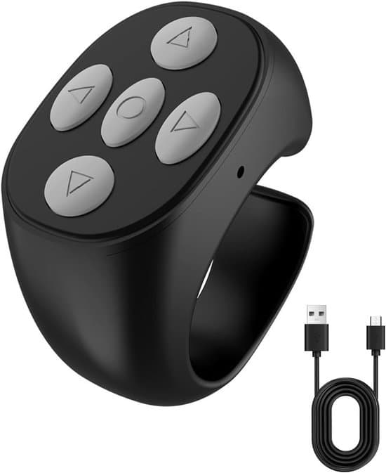 Velegnet til TikTok – Trådløs Bluetooth-scrollring til sidevending af korte videoer – Genopladelig – Kompatibel med iPhone, iPad, Android – Sort
