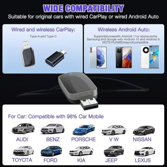 Langaton CarPlay & Android Auto -sovitin 2-in-1 - Plug & Play lisää mukavuutta