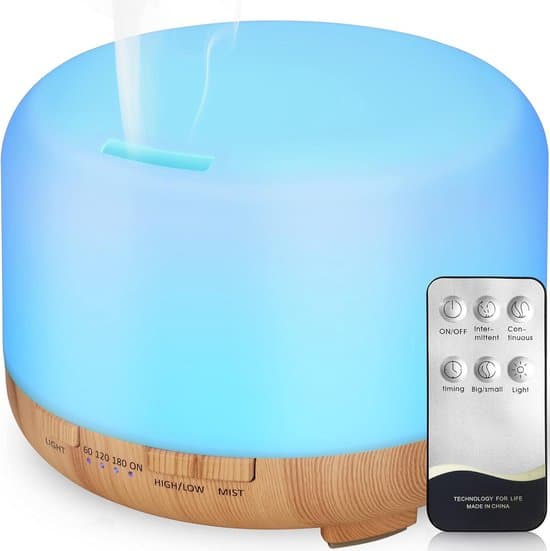 450 ml aroma diffuser med timer og 7-farvet LED-lys – ultralyds luftfugter – træåre-udvendig