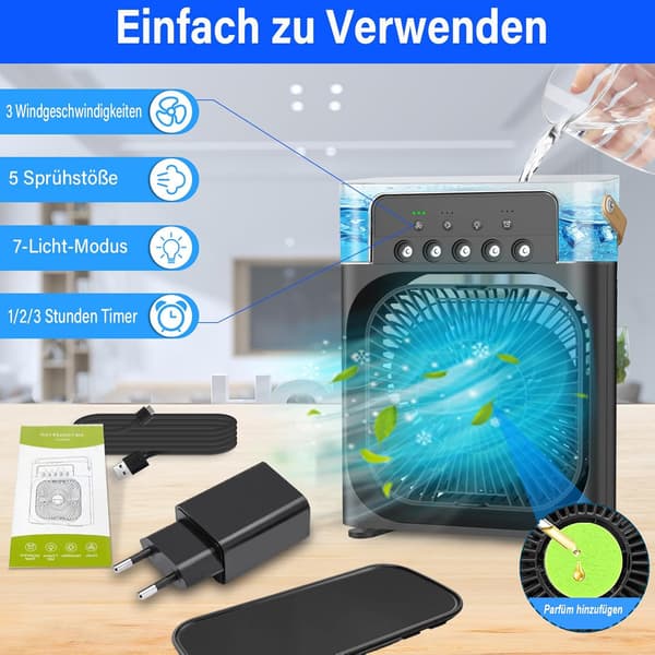 Bærbar 3-trins USB-bordmini-airconditionventilator med 360° oscillation og timer (sort)
