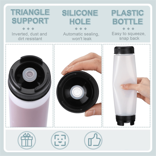 set med tre 400 ml mjukglass-kryddflaskor, inverterade plastflaskor.
