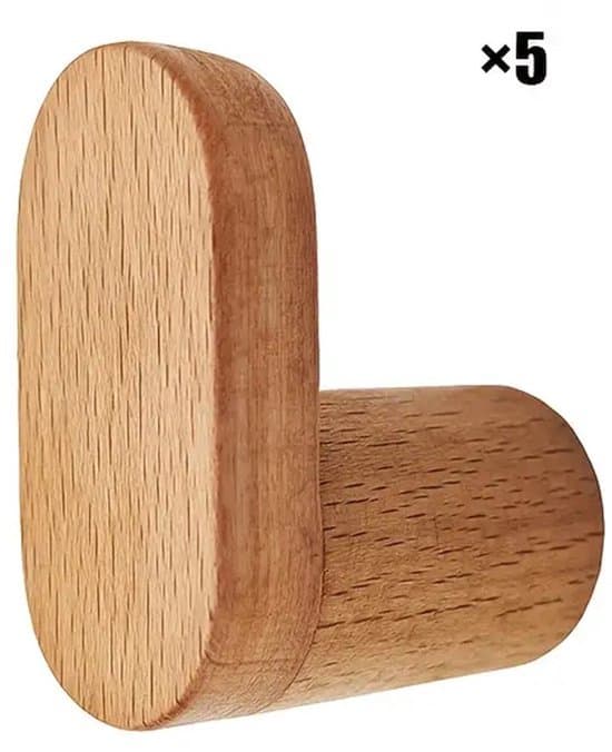 5-pack träkrokar | Installation utan borrning | Rustik retrostil | Lämplig för badrum, hallar och sovrum