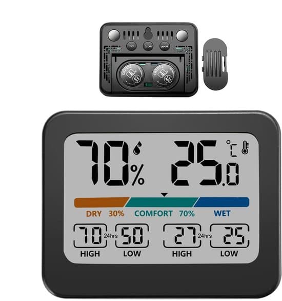 Digitalt termometer og hygrometer - klimamonitor - stort farvedisplay - 9,3 x 7,3 x 1,9 cm - hvid