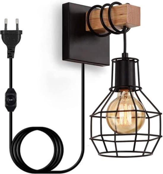 Industriel Væglampe - Retro Design - Sort med Trædetaljer - Dæmpbar