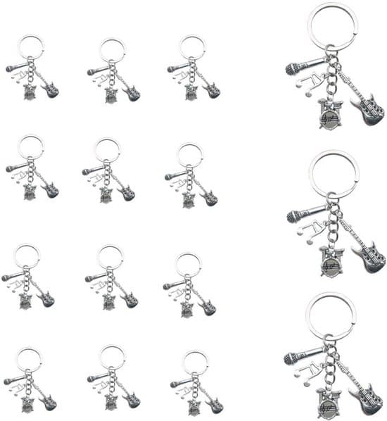 15 musiknyckelringar - trumset, gitarr, mikrofon, noter - silver