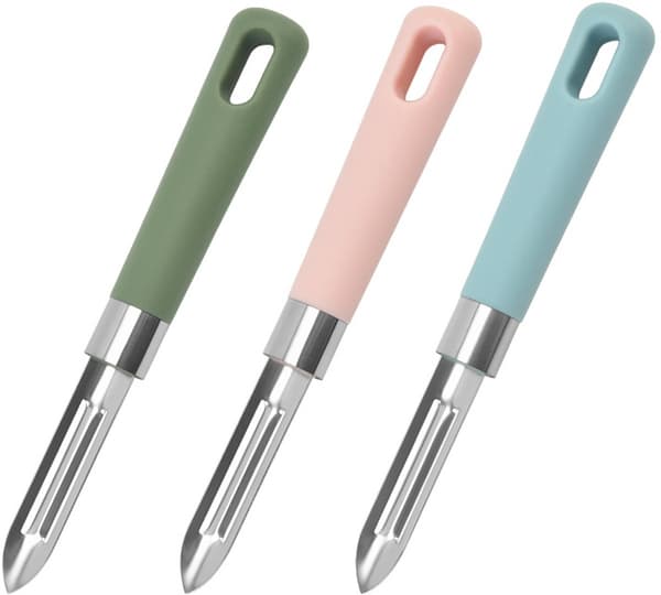 Grøntsagsskræller med strimler, grøn + pink + blå