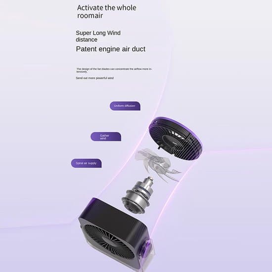 Bordventilator med køleelement, digital strømvisning, USB-luftkøler, lilla