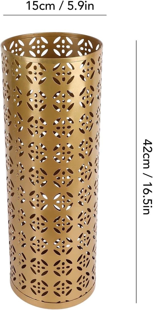 Paraplystativ i metal, stilfuldt rustfrit perforeret design, guld