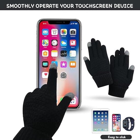 Vinter Touchscreen Handsker, Bløde Strikkede med Fleeceforede Luffer & Skridsikkert Håndledsbånd, Marineblå.