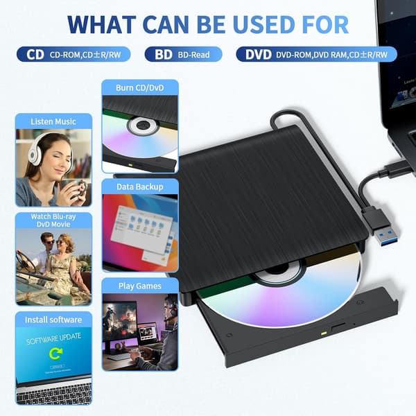 Eksternt CD/DVD-drev til bærbare computere, USB 3.0 CD/DVD-brænder, bærbart CD/DVD+/-RW-drev til Windows 11, 10, 8, Linux og Mac OS (hvid).