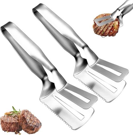 2 grilltänger i rostfritt stål för matlagning och servering.
