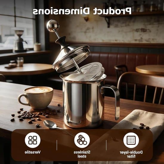 800ML Manuel Mælkeskummer - Dobbeltlags Mælkeskummer i Rustfrit Stål til Cappuccino og Latte