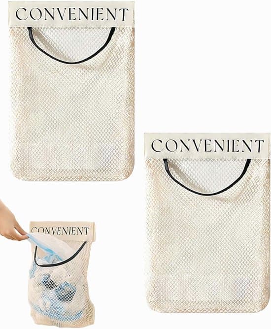 Vit 2-pack självhäftande väggmonterad nätpåse och matvarudispenser