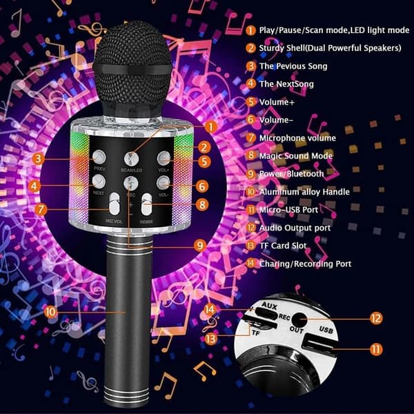 Karaoke Mikrofon - Trådløs - Bluetooth - 4-i-1 Multifunktionel - Sort