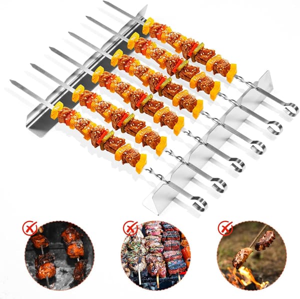 BBQ spydsæt, 6 spyd i rustfrit stål, med 2 grillriste