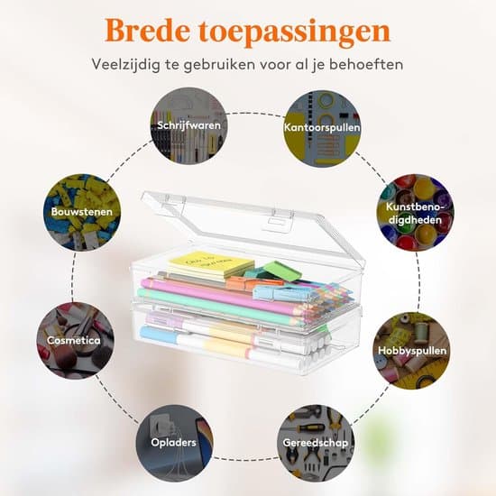 Pennfodral med fällbart lock - plast - stor kapacitet - stapelbart - set om 2 - transparent