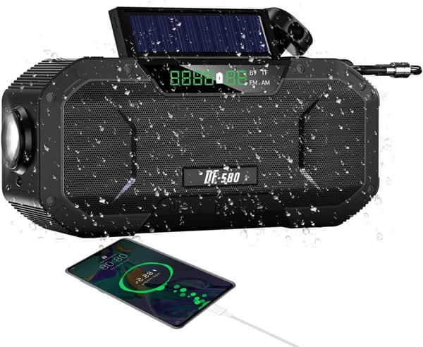 Nödradio, 5000mAh solgenerator, AM/FM, vattentät LED