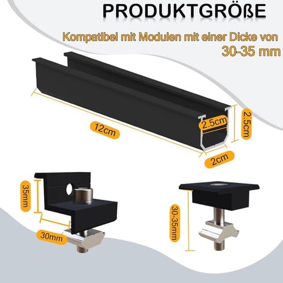 Solpanelholder til 2 moduler med 12 cm skinne og justerbare klemmer
