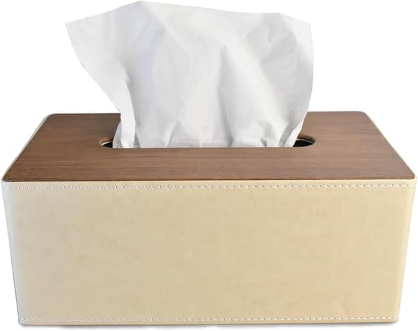 Näsdukslåda, rektangulär servettlåda i läder, trälock - beige