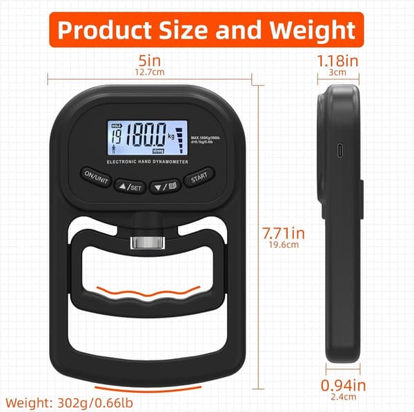 Digital hånddynamometer - Hånddynamometer - Håndstyrketræner - Hånddynamometer - Maksimal vægtkapacitet 180 kg