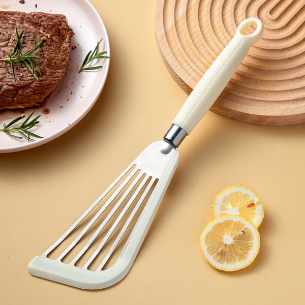 Non-stick stekspade, långskaftad grillspade, tunn hålsked, 2-pack (vit)