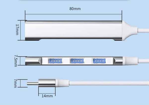 Type-C Quad USB-hub: Aluminium, USB 2.0 x 3 + 3.0, til pc'er og laptops, grå, 2-pak