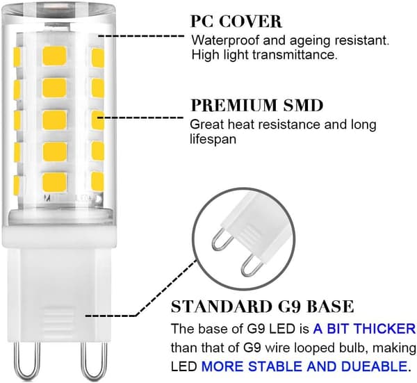 G9 LED-lampor, 6W, 6000K dagsljusvit, ej dimbara, 6-pack