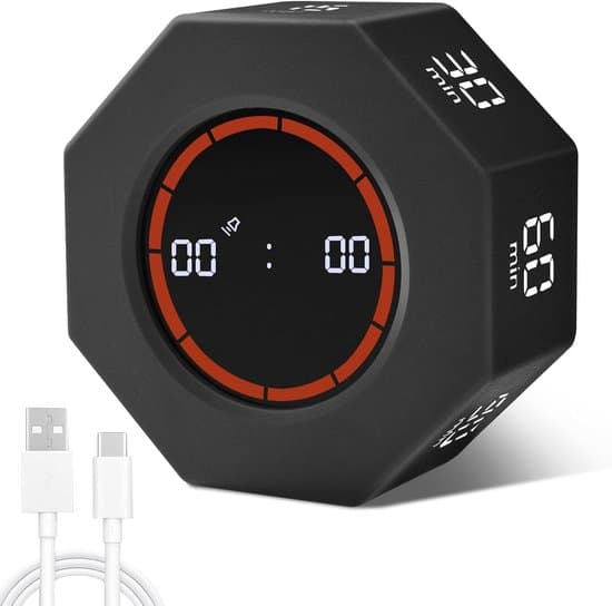 Digital Gravity Flip Timer med 3-trins lydstyrkekontrol og LED-display, 7 intervaller, sort