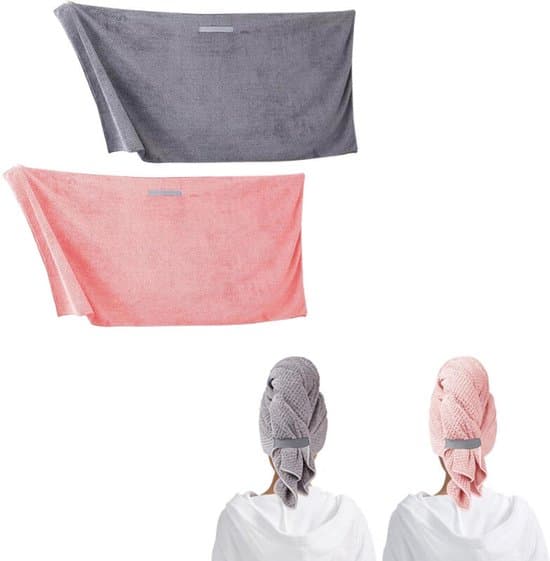 2 mikrofiberhåndklæder 100x60cm hårtørring hurtigtørrende absorberende pink grå