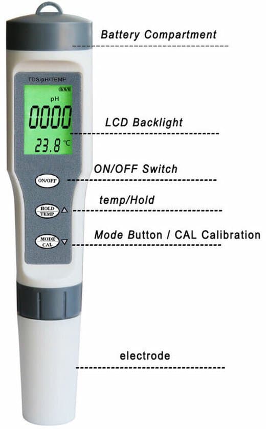 3-i-1 Elektronisk Pool pH-måler med TDS-måler, Termometer, LCD Vandkvalitetsanalysator