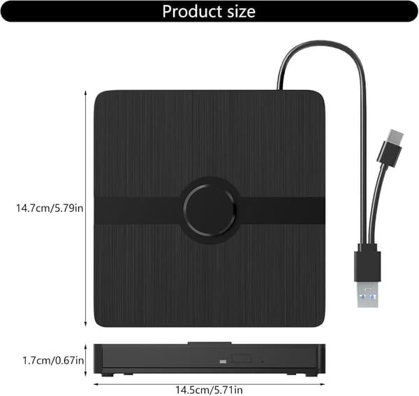 Ekstern DVD-brænder og -læser med USB 3.0- og USB-C-interface; DVD-afspillerdrev egnet til bærbare og stationære computere.