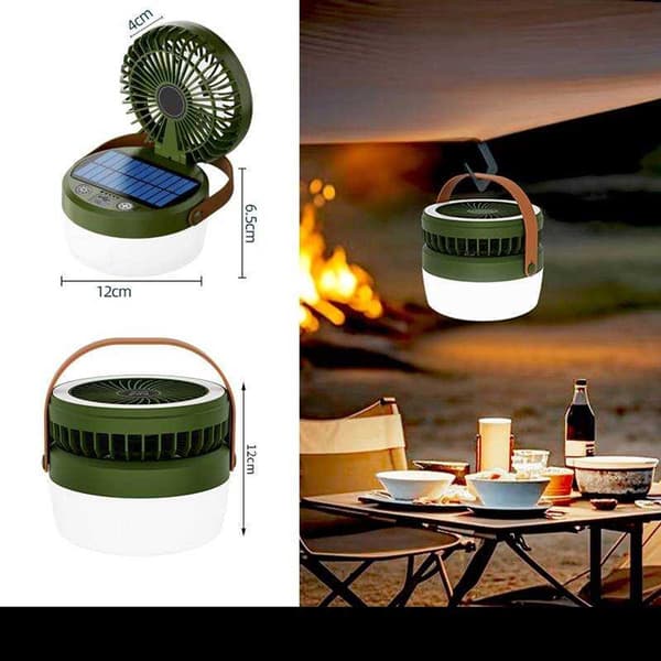 Soldrevet campinglysstribeventilator - genopladelig - tre blæserhastigheder