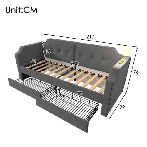 Bäddsoffa 90x200 cm, grå sammet, 2 lådor, USB + USB-C, ribbotten