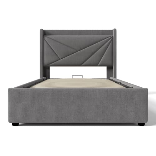 Förvaringssäng 90x200 cm, grått linnetyg, förvaring, USB + USB-C, ribbotten