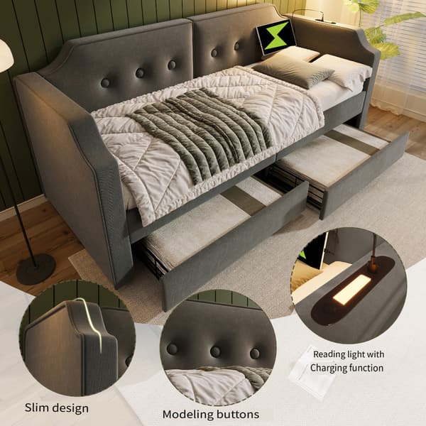 Bäddsoffa 90x200 cm, grå sammet, 2 lådor, USB + USB-C, ribbotten