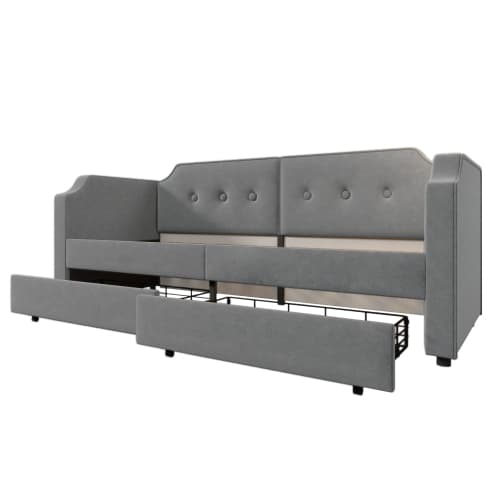 Bäddsoffa 90x200 cm, grå sammet, 2 lådor, USB + USB-C, ribbotten