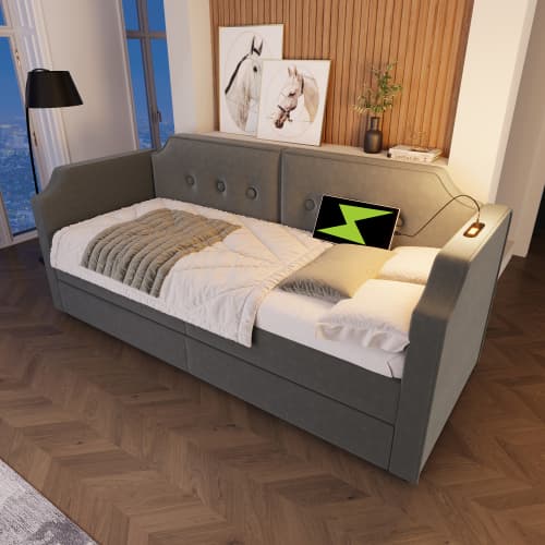 Bäddsoffa 90x200 cm, grå sammet, 2 lådor, USB + USB-C, ribbotten