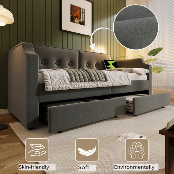 Bäddsoffa 90x200 cm, grå sammet, 2 lådor, USB + USB-C, ribbotten