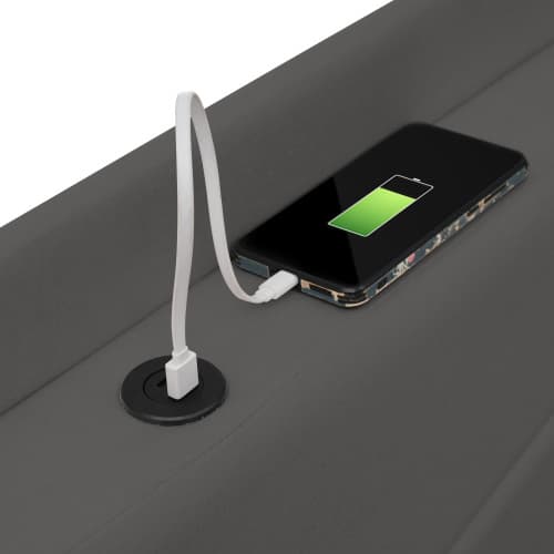 Förvaringssäng 90x200 cm, grått linnetyg, förvaring, USB + USB-C, ribbotten