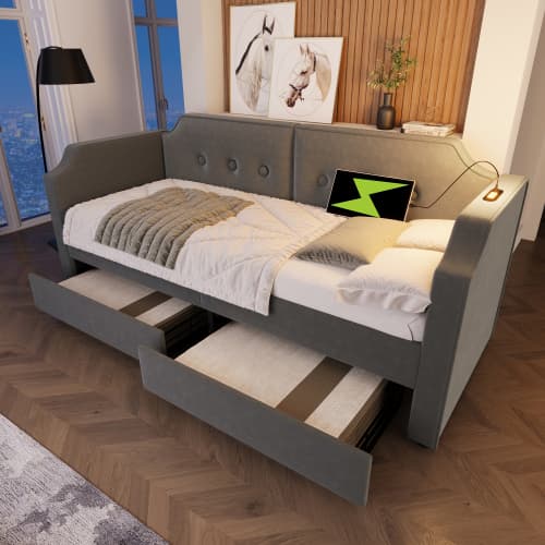 Bäddsoffa 90x200 cm, grå sammet, 2 lådor, USB + USB-C, ribbotten